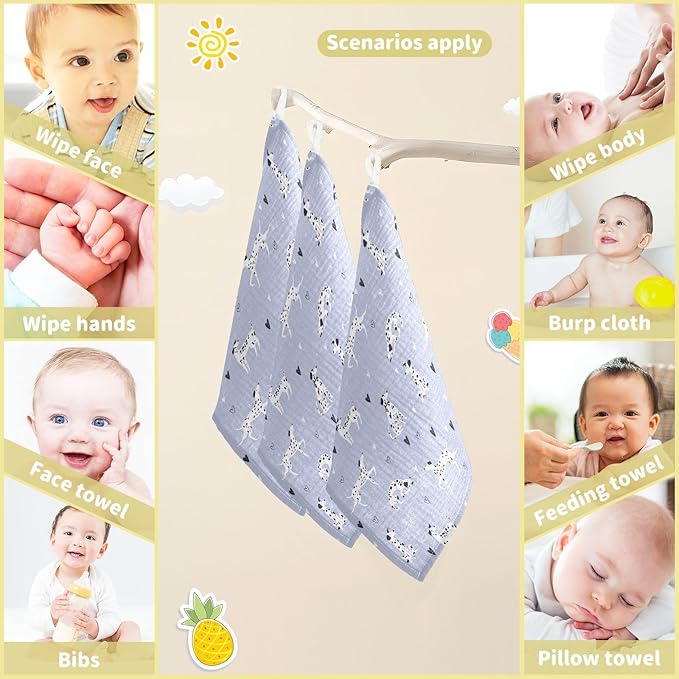 Baby Cartoon Dalmatian Dogs Muslin Washcloths 3 Pack - Muslin Burp Cloths Hanky Large 11.8"X11.8" Extra Soft Absorbent Baby Burp Rags for Newborn 100% Cotton for Boys Girls Gift