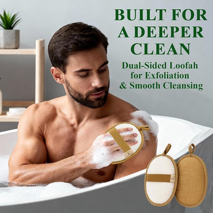 Natural Egyptian Loofah Body Scrubber (Pack of 2) – Dual-Sided Bath Sponge with Terry Cloth, Gentle Exfoliating Shower Loofah for Women & Men, Soft Body Wash Pad for Smooth Skin