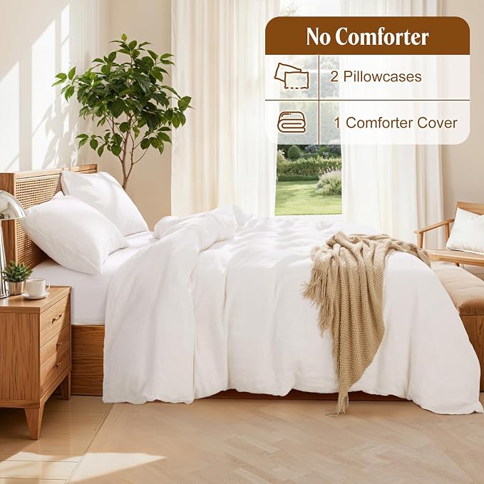 LBRO2M 100% France Linen Duvet Cover Set 3 Pcs Including 1 Flax Comforter Cover with Zipper Closure, 2 Pillowcase, Cozy Duvet Cover Queen Size, White