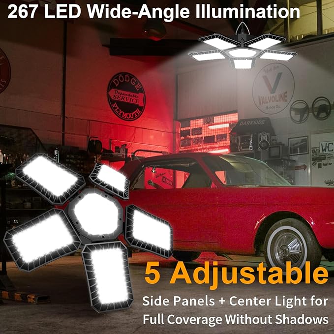 Solar Light for Shed with Constant On & Motion Activated Simple 2 Modes Tempered-glass Solar Panel with 267 LED Large Pendant Lamp Outdoor Indoor for Garage Shop Barn Gazebo Coop Home Day & Night Use