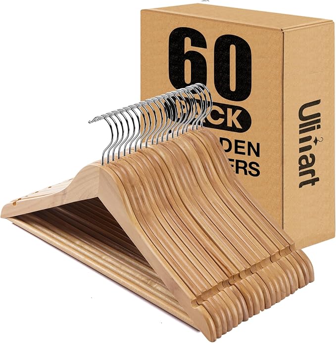 Wood Hangers - 60 Pack Solid Shirt Hangers, Heavy Duty & Slim Wooden Hangers, for Suit, Coat, Jacket, Pants（Natural）