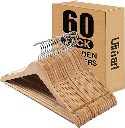 Wood Hangers - 60 Pack Solid Shirt Hangers, Heavy Duty & Slim Wooden Hangers, for Suit, Coat, Jacket, Pants（Natural）