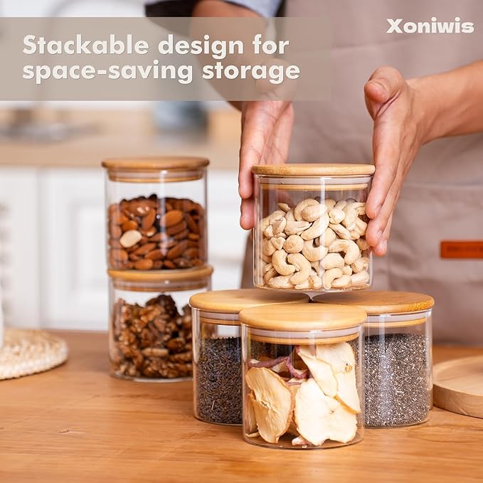 6-Pack 0.6Qt Small Round Glass Storage Jars with Bamboo Lids, Pantry Storage Containers for Neat Organization, Ideal for Minimalist Kitchen Organizer, Nut, Coffee Beans, Cookie, Candy, Tea