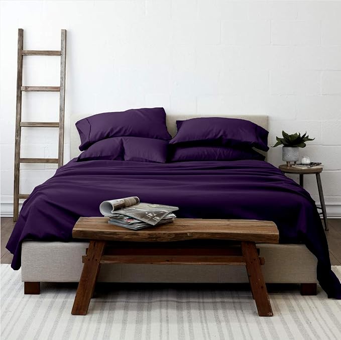 Femini Fashion 100% Organic Cotton Bed Sheets 800-Thread-Count, 16-Inch Deep-Pocket, Luxury Breathable Crisp 4-Piece Bed Sheet Set (1 Flat Sheet, 1 Fitted Sheet, 2 Pillowcases) - Queen, Plum