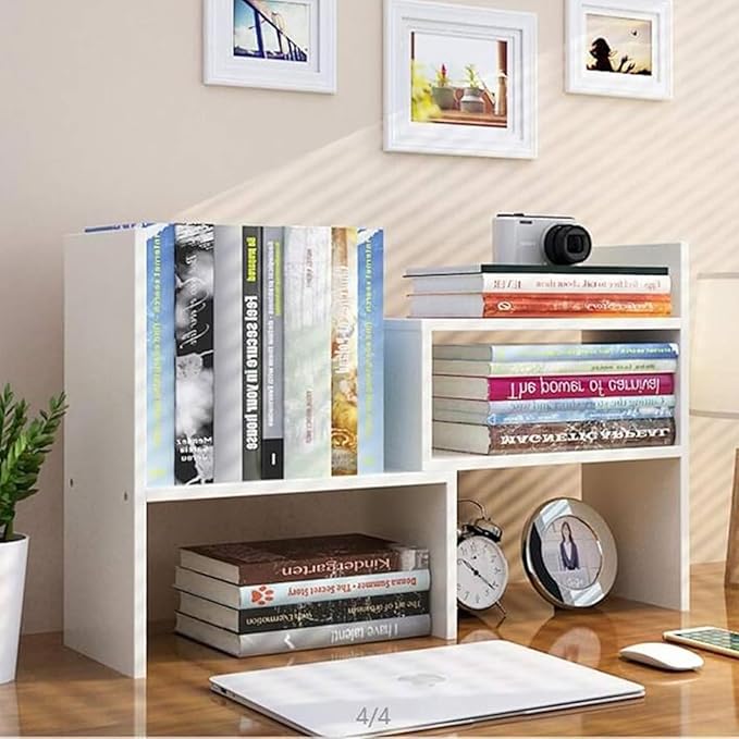PowerKing Wood Desktop Organizer, Adjustable Display Shelf Rack for Home Office Desktop Storage Supplies Organization (White)