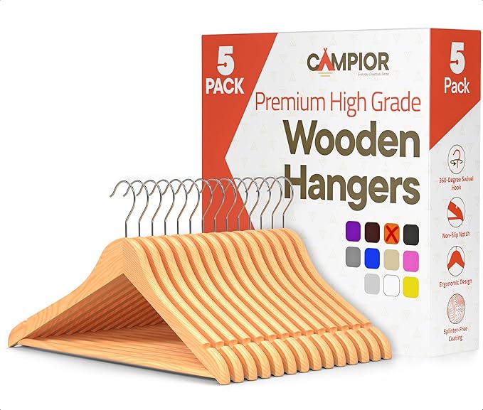Natural Wooden Hangers 5 Pack – Heavy-Duty with 360° Swivel Hook, Non-Slip, Pants Bar & Shoulder Grooves - Wooden Hangers for Suits, Jackets, Dresses & Camisoles, Space-Saving and Smooth Finish