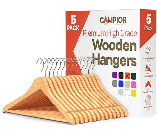 Natural Wooden Hangers 5 Pack – Heavy-Duty with 360° Swivel Hook, Non-Slip, Pants Bar & Shoulder Grooves - Wooden Hangers for Suits, Jackets, Dresses & Camisoles, Space-Saving and Smooth Finish