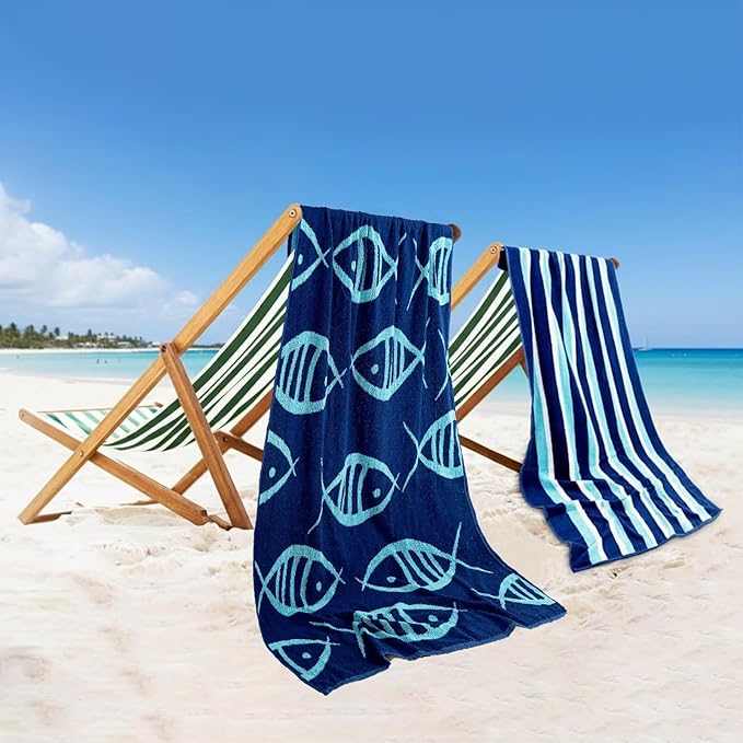 CASA COPENHAGEN Miami Bath Towels Designed in Denmark Rough and Tough, Quick Dry, for Pool, Bath & Shower 30"x60", 2 Pieces Cotton Beach Towels Set - Fish Navy + Turquoise Stripe