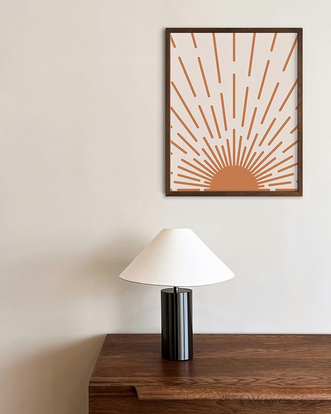 Minimalist Sunburst Wall Art Abstract Geometric Arch Earth Tones Terracotta Mid Century Modern 8x10 Inch Oak Wood Walnut Framed Boho Sunrise Print for Bedroom Living Room Decor