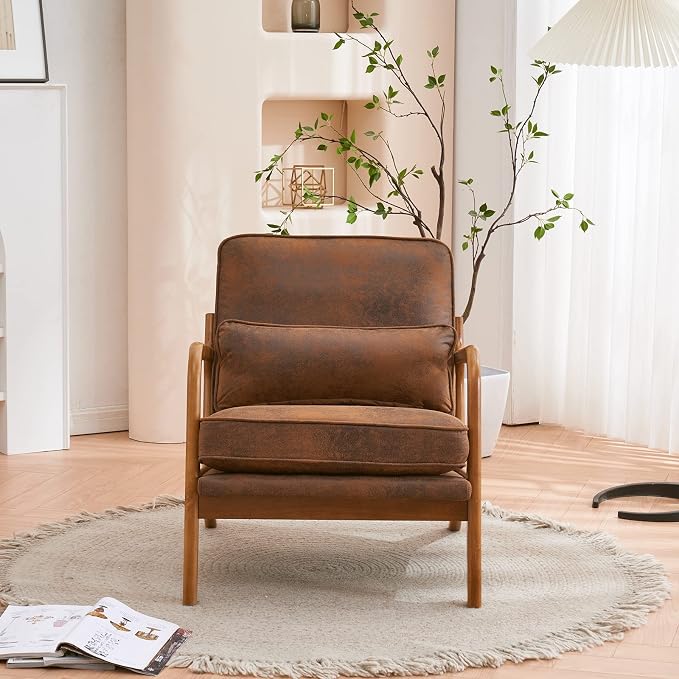 Karl home Mid-Century Modern Accent Reading Chair, Brown | Bronzing Upholstered, Solid Wood Frame, Soft Cushion, Lumbar Pillow, Lounge Armchair for Living Room, Bedroom, Balcony, Study