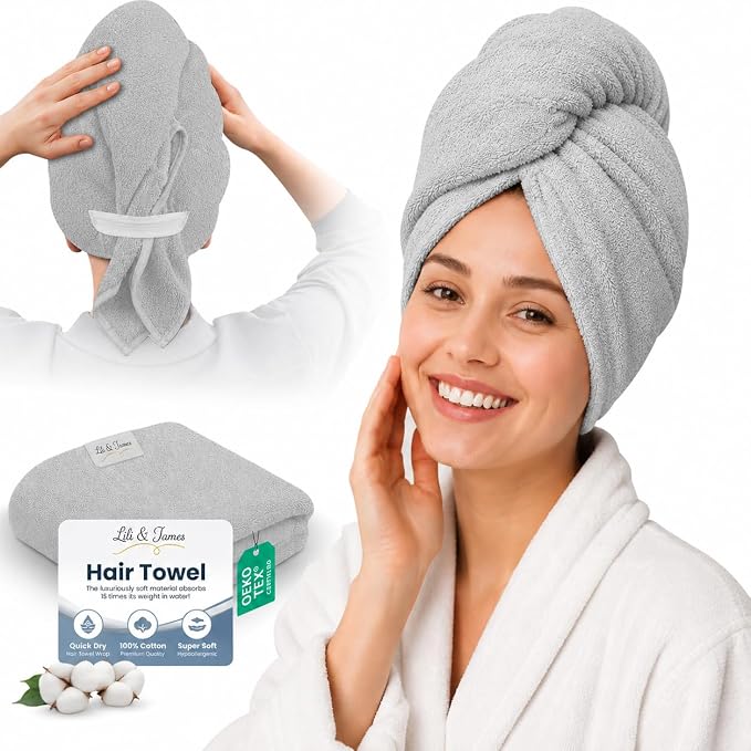 Lili&James Cotton Hair Towel Wrap for Women/Kids | Quick Dry, Soft & Absorbent Hair Wrap Towels with Double Button (Pack of 1, Grey Large)