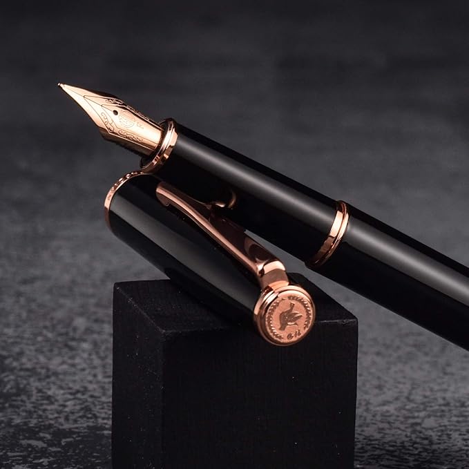 HongDian 920 Black Metal Fountain Pen, Rose Gold Plated Fine Nib Smooth Writing Pen, Classic Pen with Ink Converter