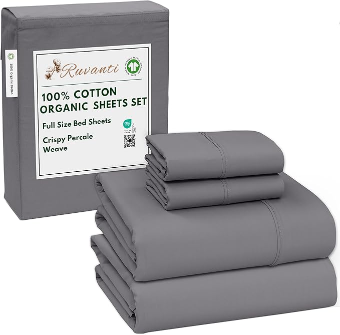 RUVANTI 100% Cotton Organic Percale Sheets Full Size – Crisp Cooling Bed Sheets for Hot Sleepers, Deep Pocket 15”, Soft Peach Finish, Breathable & Durable Hotel-Style 4 Pcs, Silver Filigree