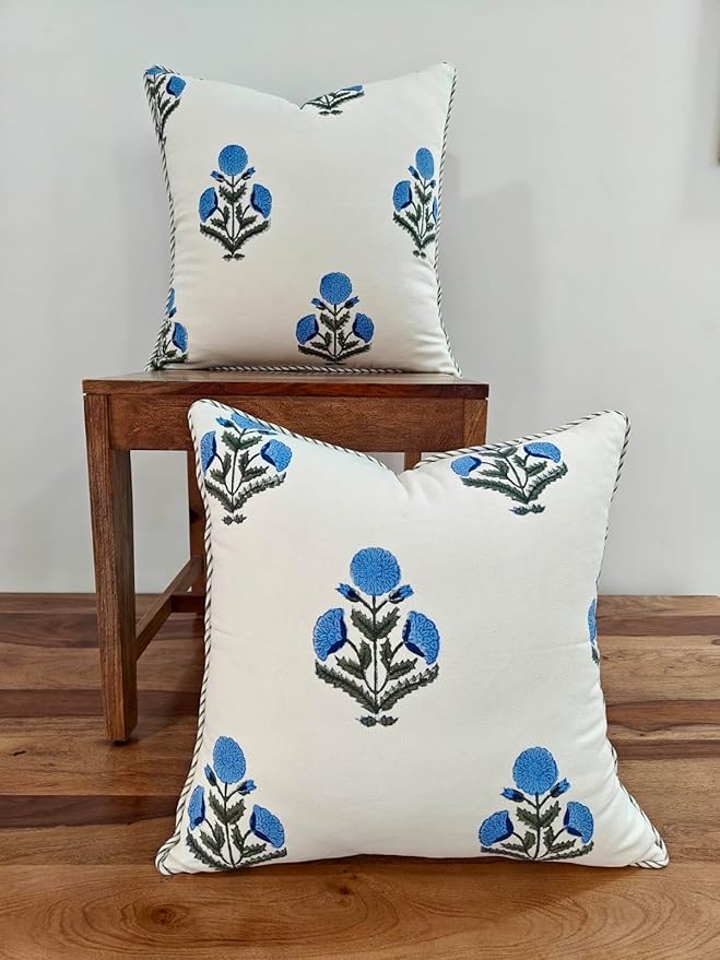 ATOSII Block Print Boho Throw Pillow Covers, 18 X 18, Set of 2, Decorative Couch Pillows for Living Room, 100% Cotton Canvas Acccent Pillows, Christmas Thanksgiving Fall Preppy Throws - Poppy Blue