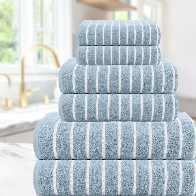 CASA COPENHAGEN Ecstatic 6Pcs 100% Egyptian Cotton Large Designer Towels Gift Set- Dusty Blue, 600GSM, 2Bath 2Hand 2Washcloths, Bath Towels for Bathroom Set for Women & Men