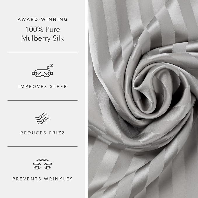 Fishers Finery 30mm 100% Pure Mulberry Silk Pillowcase Set, Quality Tested (Gray Stripe, King, 2 Pack)