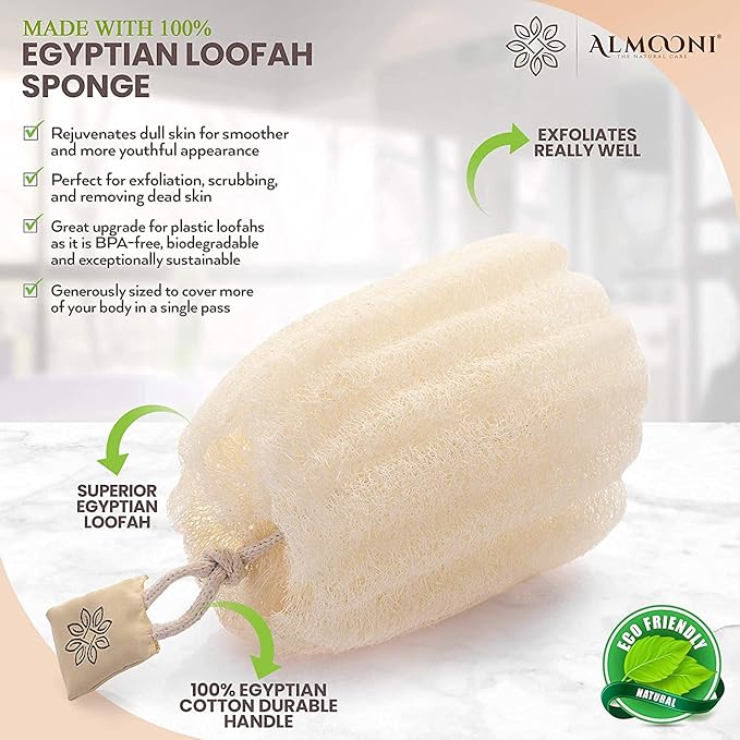 Almooni Natural Loofah Exfoliating Body Scrubber for Men and Women, Real Round Egyptian Loofah Sponge with Consistent Scrub Texture, Large Natural Shower Sponge for Body Exfoliation, 2-Count