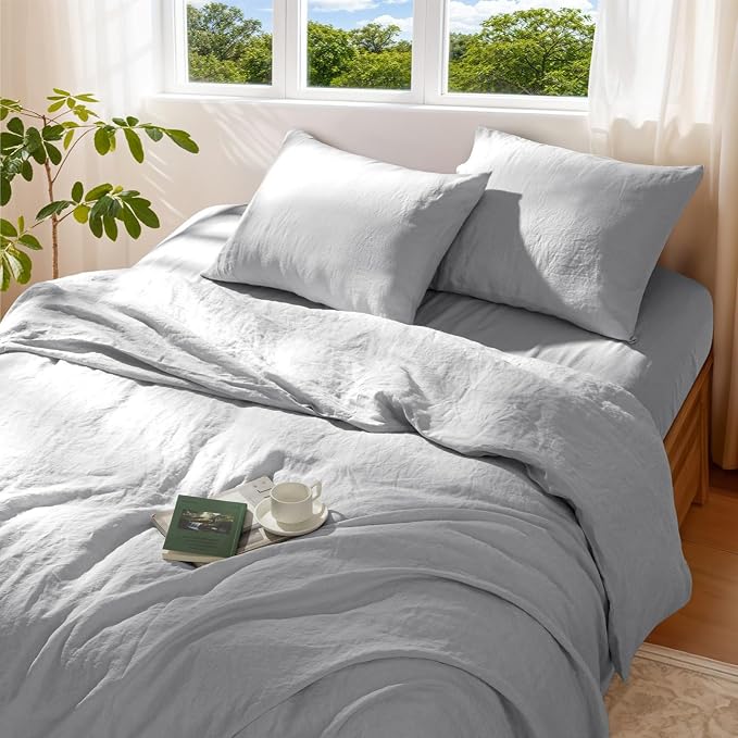 100% Pure Linen Duvet Cover Set Queen Size 3 Pcs Natural Linen Bedding Zipper Closure Breathable Soft Comforter Cover Sets, Cozy for All Season (Queen, Gray)