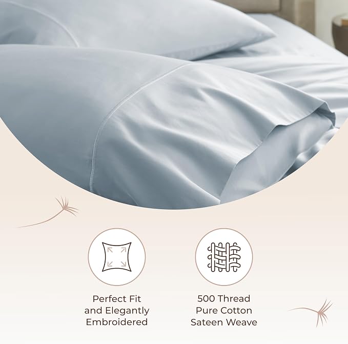 100% Organic Cotton Pillow Cases Standard Size Set of 2-100% Cotton Pillowcases GOTS Certified 500 Thread Count - Naturally Cooling Comfortable Breathable & Soft Pillow Cases (Powder Blue, Standard)