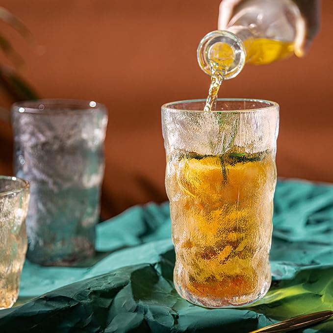 Frcctre 9 Pack Vintage Drinking Glasses, 13 oz Romantic Water Glasses Tumblers Hammered Glacier Beverage Tumblers Vintage Glassware Set for Beverages, Juice, Beer, Water, Cocktails, Whiskey