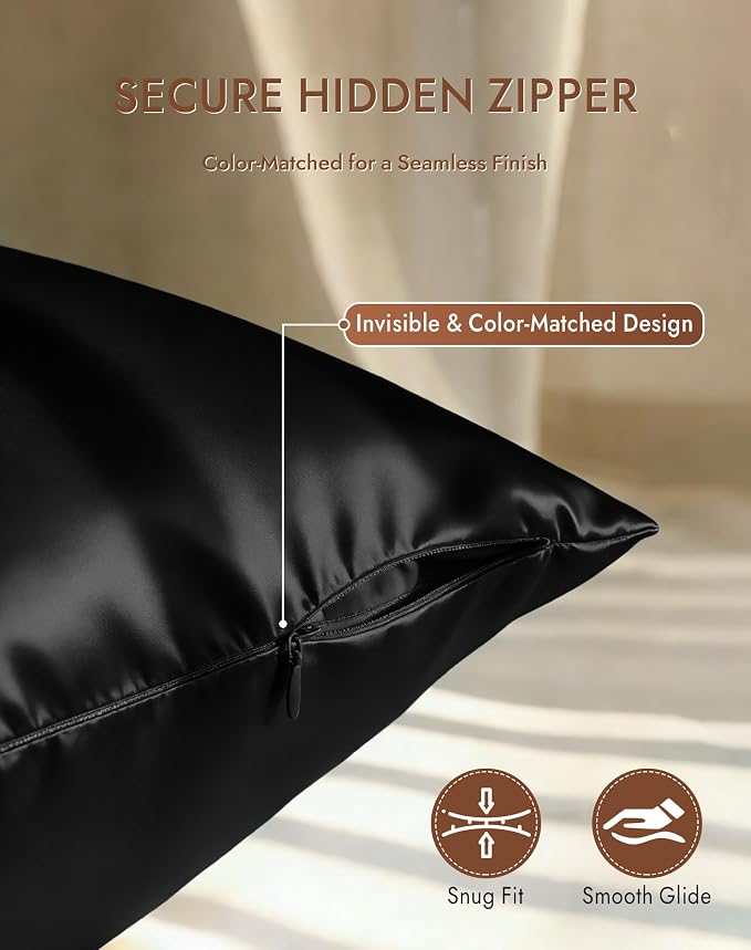 SilkSilky 100% Mulberry Silk Pillowcase - Pure 22 Momme High-Grade 6A Fibers for Hair & Skin, Hidden Zipper, Natural, Organic, Breathable & Cooling Pillow Case (Queen 20''x30'', Black)
