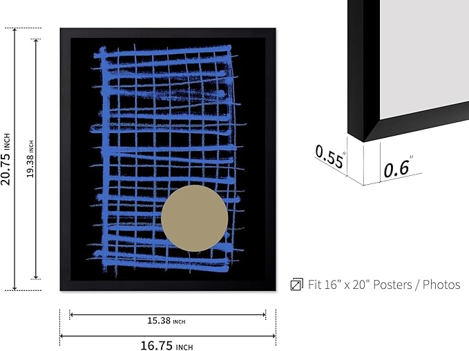 Monem Art Blue Grid Abstract Geometric Print - Modern Minimalist Art Poster - Wall Decor for Living Room, Bedroom or Office - 16x20 Black Framed Wall Art by Mareike Bohmer