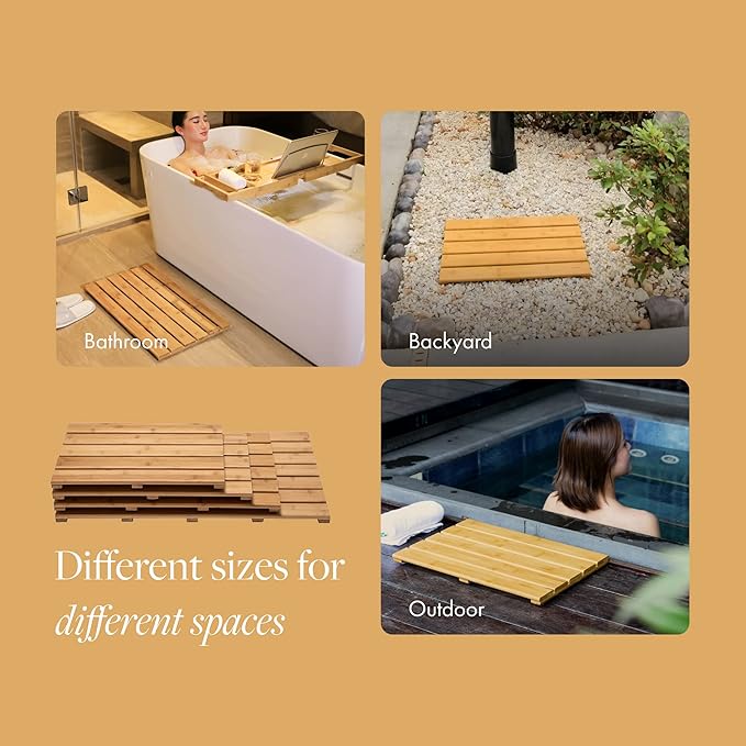 GOBAM Natural Bamboo Bath Mat - Non-Slip Shower & Bathtub Mat, Easy Clean Indoor & Outdoor Floor Mat for Spa, Sauna, Pool - Small 19.7 x 13 inches