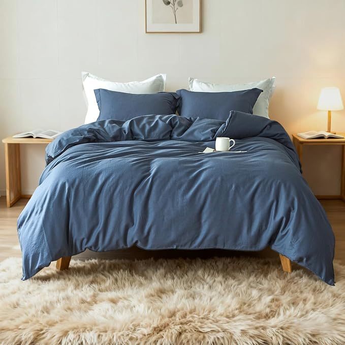 Simple&Opulence French Linen Duvet Cover Set 88" x 92"- 3 Pieces (1 Comforter Cover,2 Pillowcases)- Natural Flax Cotton Blend-Solid Color Breathable Farmhouse Bedding-Navy Blue, Queen