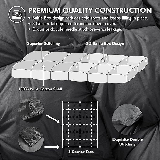 Luxurious Oversized California King Goose Down Comforter, 108 X 98 inches, Unique Gray Pinch Pleat, 600 Thread Count, 100% Egyptian Cotton Cover, 80 Oz Fill Weight, 750 Fill Power