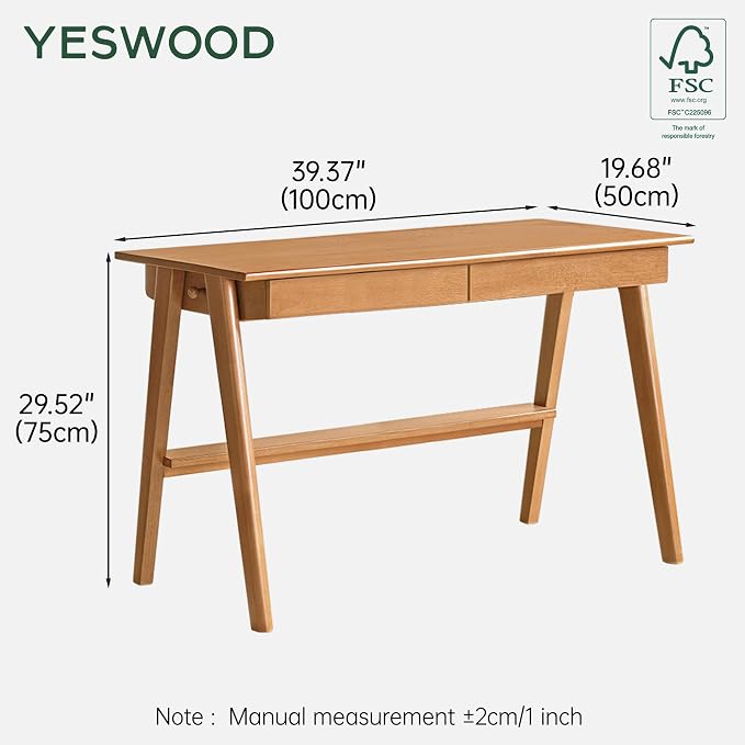YESWOOD 100% Solid Rubber Wood Desk, Mid Century Modern Writing Computer Desk in Walnut Finish with Drawer for Home Office, Sturdy Room, Bedroom 39.37" W Natural Wood
