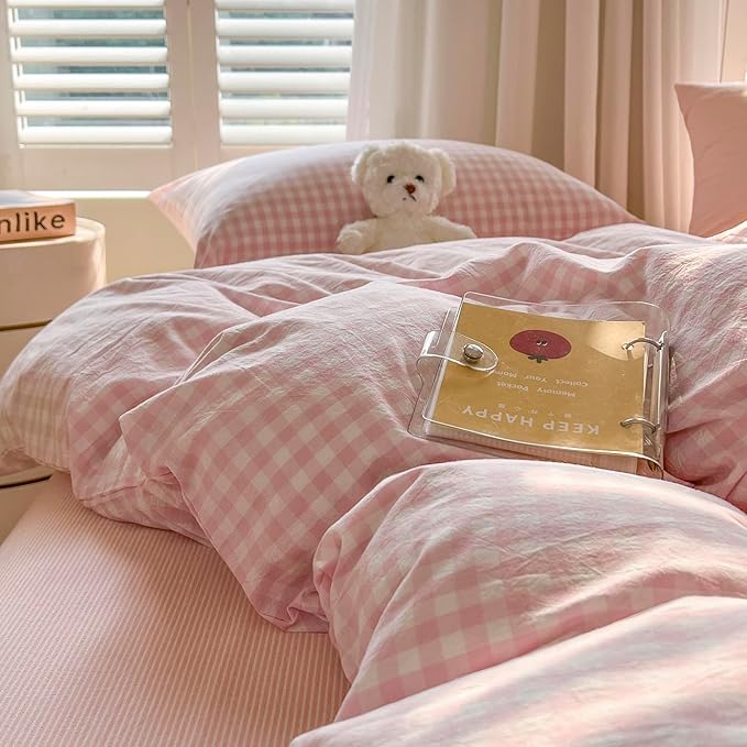 mixinni Light Pink Gingham Duvet Cover Set Twin XL Size - 100% Washed Cotton 3 Piece Plaid Checkered Bedding Set, Soft Comfy Grid Farmhouse Comforter Cover with Zipper Closure & Corner Ties