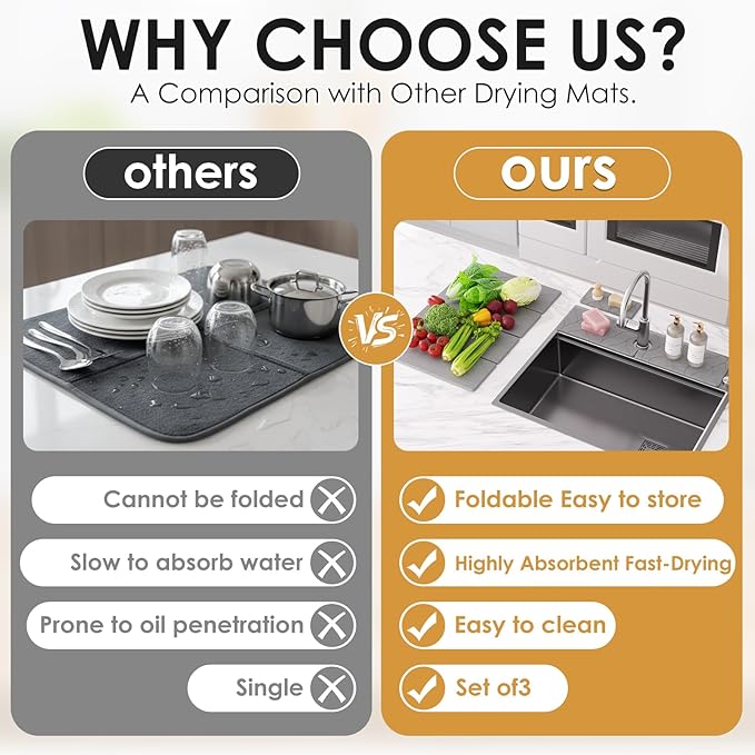 3 PCS Large Stone Dish Drying Mat for Kitchen Counter -24"x16" Absorbent Diatomaceous Earth Mat with Stone Faucet Mat & Soap Tray - Quick Dry, Collapsible, Non-Slip Countertop Organizer