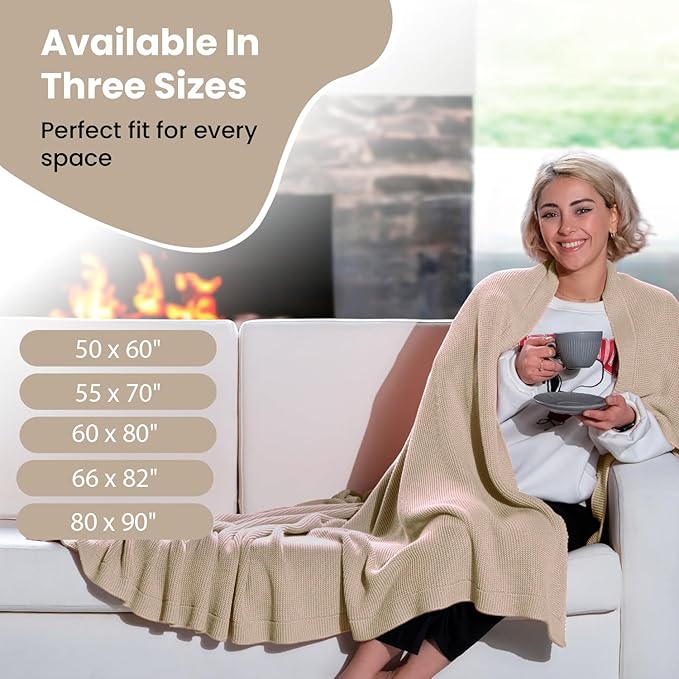 Dalisa 100% Organic Turkish Cotton Throw Blanket - GOTS Certified, Cozy - Perfect for Couch, Bed, and Home Decor - Boho Vintage Knit Alina (Beige, 50x60)
