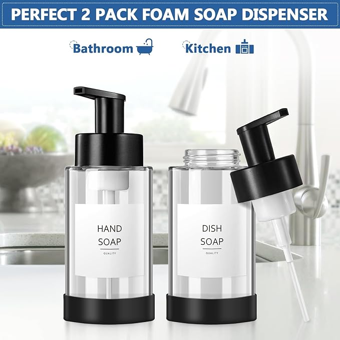 RYTOXILO Foaming Soap Dispenser, 10 oz/300ml Foaming Hand Soap Dispenser, 2 Pack Glass Dispenser with 2 Non-Slip Silicone Bottom Sleeve, Refillable Foam Dispenser for Bathroom & Kitchen