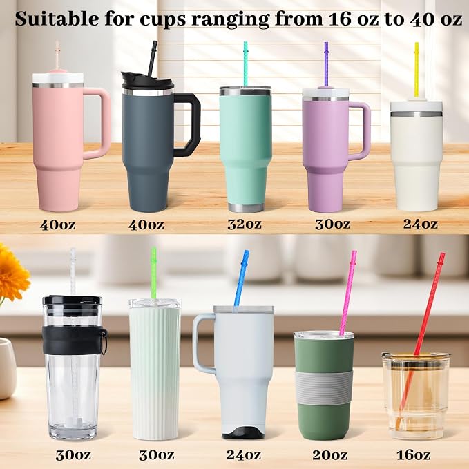 50PCS Reusable Straws with Cleaner Brush, 12.2" Long Colorful Clear Hard Plastic Swirl Drinking Straws for Stanley, YETI, Starbucks, Owala 30 oz 40 oz Tumblers, Jars, Cups