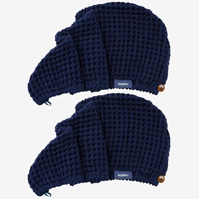 Luxury Organic Japanese Cotton Hair Drying Waffle Towel Wrap for Women | Absorbent, Quick-Dry Head Turban for Shower, Sauna, Spa | Extra Large for Long, Curly, Straight Hair With Button (Blue, 2 Pc)