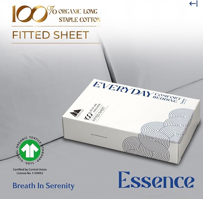 Mayfair Linen 100% Organic Cotton Percale Weave Fitted Sheet King Size, Light Grey, 1 Deep Pocket King Fitted Sheet, Fits Mattress Upto 16" Crisp and Cool Bed Linen, Luxury GOTS Certified Sheets