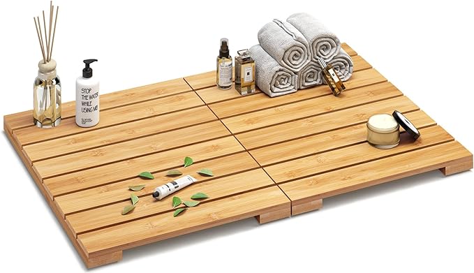 Waterproof Bamboo Bath Mat for Shower, Wooden Floor Mat for Bathroom, Foldable | Non-Slip | Heavy Duty, Shower Mat for Indoor Outdoor, 23.54in x 15.63in