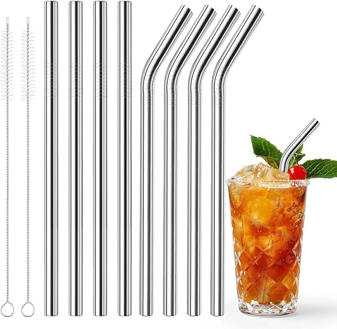8 Pcs Metal Straws Reusable, 8.5" x 8 mm Reusable Metal Straws Stainless Steel Straws with 2 Cleaning Brush, 4 Straight 4 Bent Metal Drinking Straw for Cocktail Coffee Beverage