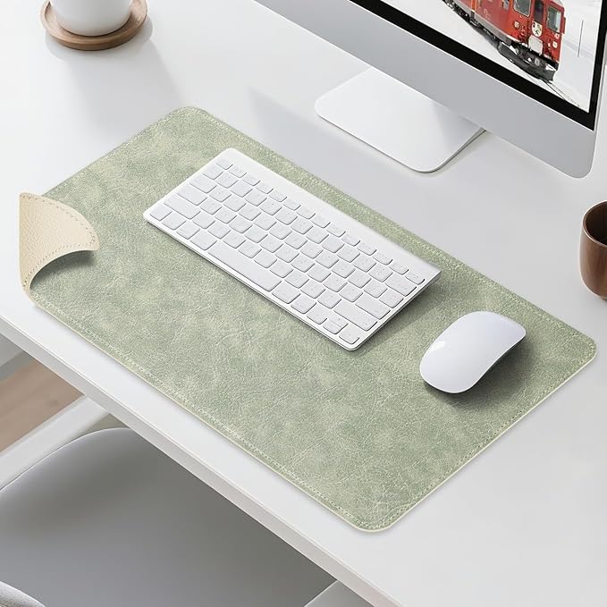 Imitation Crazy Horse Leather Desk Mat - Waterproof Desk Pad - Ideal for Large Mouse Pad and Desk Mats on Top of Desks (Light Green+White, 25"*13")