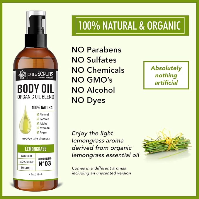pureSCRUBS Ultra Moisturizing Lemongrass Body Oil for Dry Skin, 4 oz | Luxurious After Shower Body Oil for Soft, Silky, Glowing Skin, Non-Greasy, Fast Absorbing & Hydrating Formula with Vitamin E