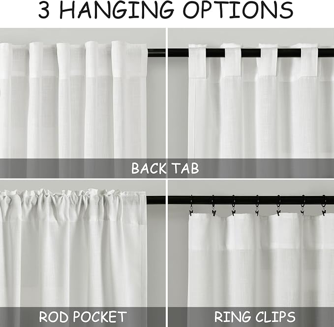 Nanspring Off White Linen Curtains 63 inches Long for Bedroom Back Tab Sheer White Curtains Modern Farmhouse Coastal Decor Cotton Textured Gauze Curtain for Bathroom 2 Panel Set 52x63