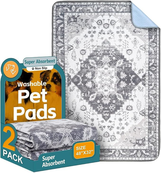 Washable Pee Pads for Dogs, 2 Pack Reusable Puppy Training Pads 48"x32" Super Absorbent Waterproof Dog Training Pads, Non-Slip Potty Pads, Whelping Pads Litter Mat Light Grey Medallion