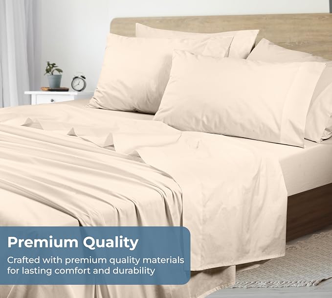 ROYALE LINENS 100% Organic Cotton Queen Sheet Set - Percale Weave - 4 Pieces Set - 1 Flat, 1 Deep Pocket Fitted Sheet and 2 Pillowcases - Cream Bed Sheets - Sábanas Queen - Crisp Cool (Cream)