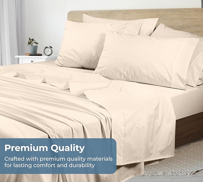 ROYALE LINENS 100% Organic Cotton King Sheet Set - Percale Weave - 4 Pieces Set - 1 Flat, 1 Deep Pocket Fitted Sheet and 2 Pillowcases - Cream Bed Sheets - Sábanas King - Crisp Cool (Cream)