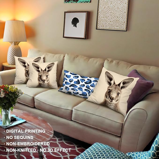 Shrahala Cute Kangaroo Decorative Throw Pillow Cover, Sepia Toned Kangaroo Portrait Square Pillowcase Blended Double-Sided No Inserts for Bedroom Living Room Set of 2 (20 x 20 in)