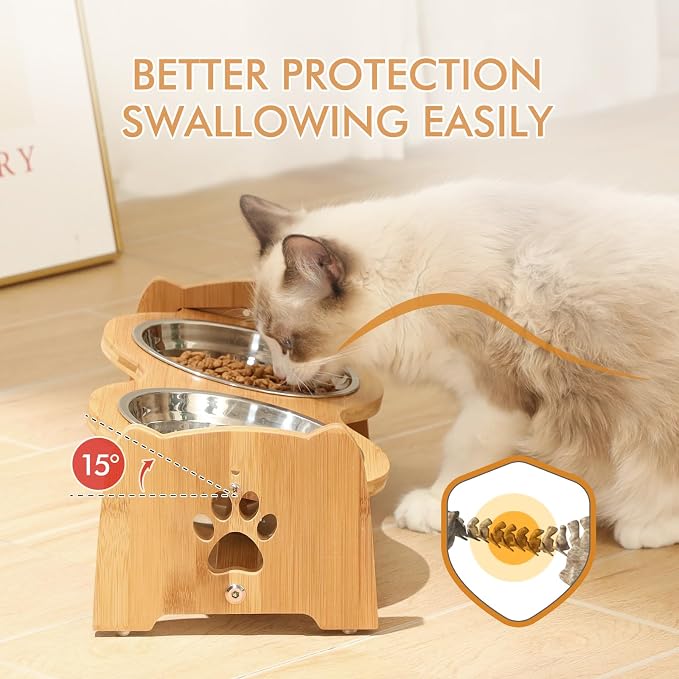 X-ZONE PET Elevated Dog Bowls for Cats and Dogs, Adjustable Bamboo Raised Dog Bowls for Small Dog, Food and Water Set Stand Feeder with 2 Stainless Steel Bowls and Anti Slip Feet (Height 4" to 4.5")
