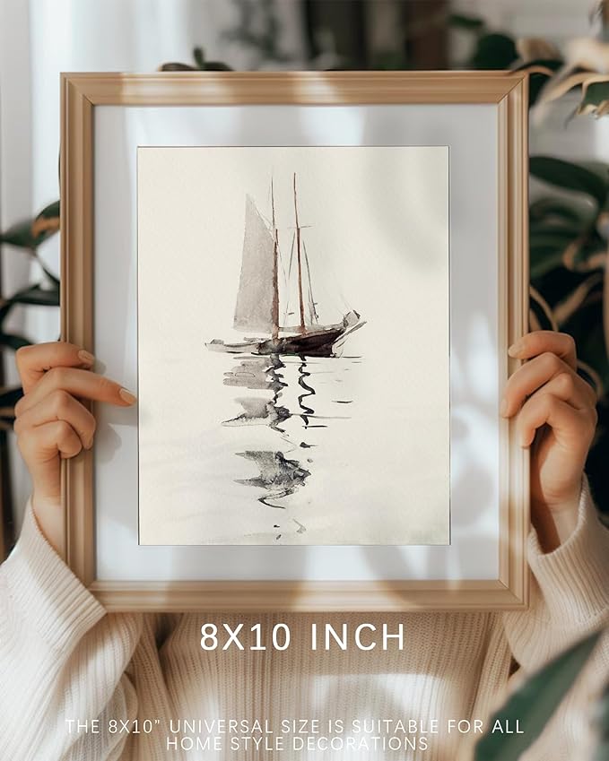 Vodefoad Vintage Coastal Sailboat Drawing Lake House Decor Soft Coastal Nautical Wall Art Neutral Nautical Wall Art Boat Sea Lover Wall Print Antique Sketch Art(UNFRAMED 8x10in)