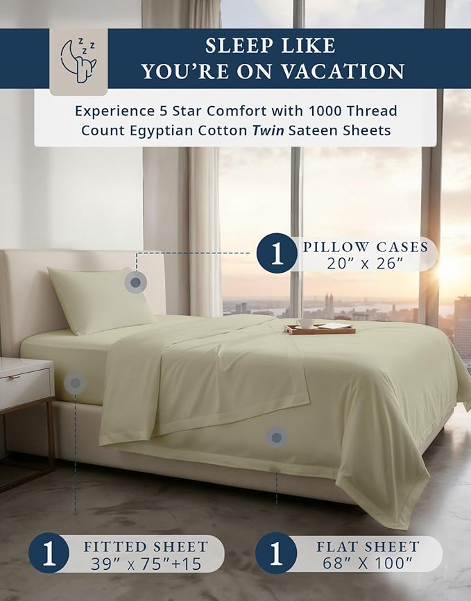 LANE LINEN 100% Egyptian Cotton Bed Sheets Twin Size - 1000 Thread Count, 15" Extra Deep Pocket Twin Sheets, Naturally Temperature Regulating Cooling NO Pill Fade Resistant Cotton Sheets Twin -Linen
