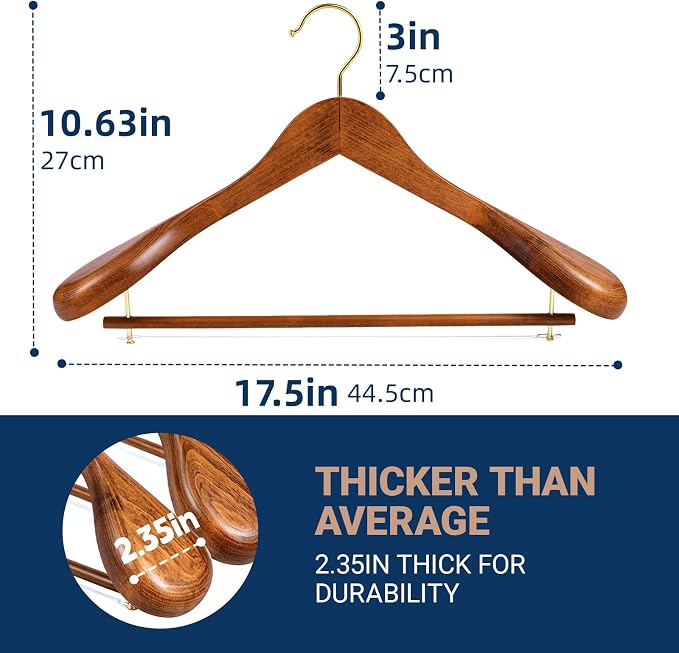 Amber Home 6 Pack Wide Shoulder Vintage Wooden Suit Hangers, Antique Wood Coat Hangers with Non Slip Pants Bar, Clothes Hangers for Jackets, Sweaters, Pants & Heavy Clothes (Vintage)